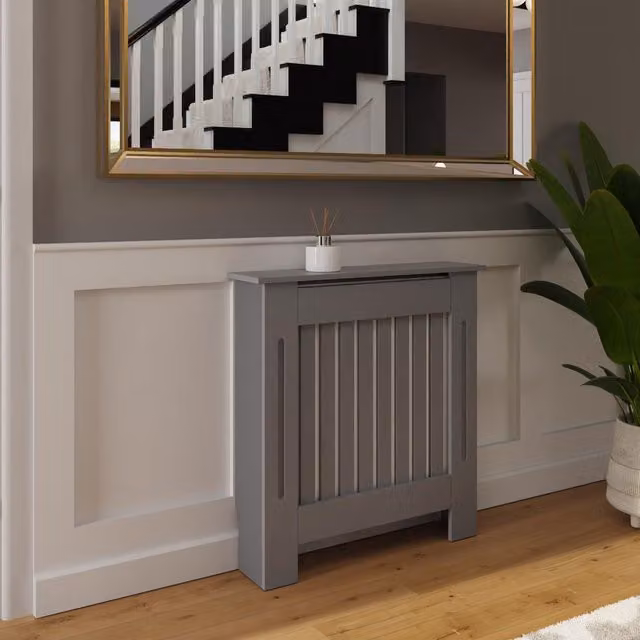 FWStyle Grey Vertical Slat Radiator Cover with Top Shelf Storage, W/D/H: 78 x 19 x 82.3 cm