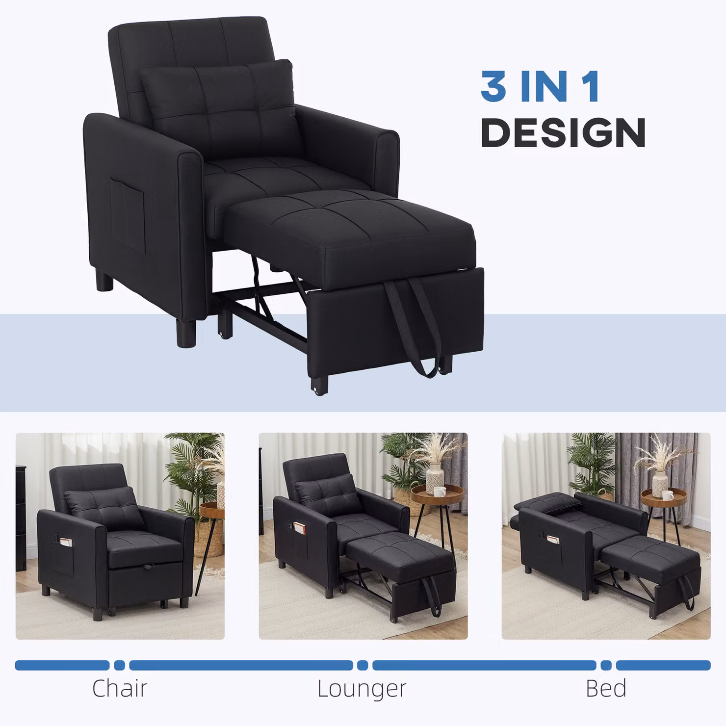 HOMCOM 3-in-1 Black Linen-Look Single Chair Bed with 11cm Thick Adjustable Back and Eucalyptus Wood Frame – 6