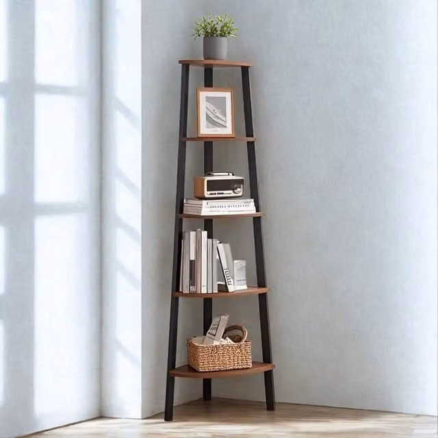Pirlo Plush 5 Tier Industrial Freestanding Corner Shelving Unit in Brown and Black, H 159.0 cm x W 37.2 cm x D 37.2 cm – 1
