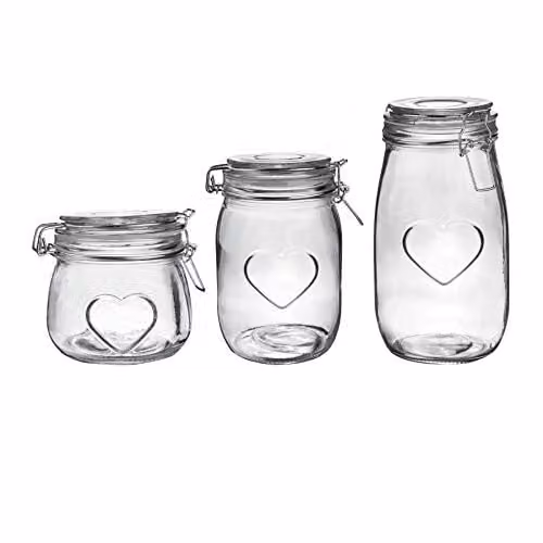 Nicola Spring Heart Design Glass Food Storage Jars with Clip Seal, Transparent, Set of 3