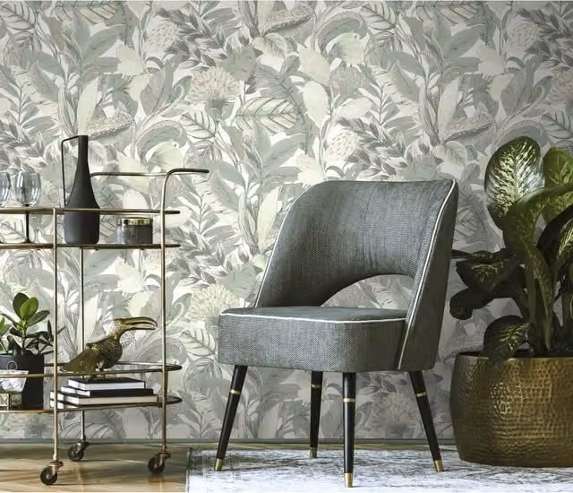 Erismann Paradise Floral With Soft Metallics Pre-pasted Vinyl Wallpaper in Green, Silver, Grey and White