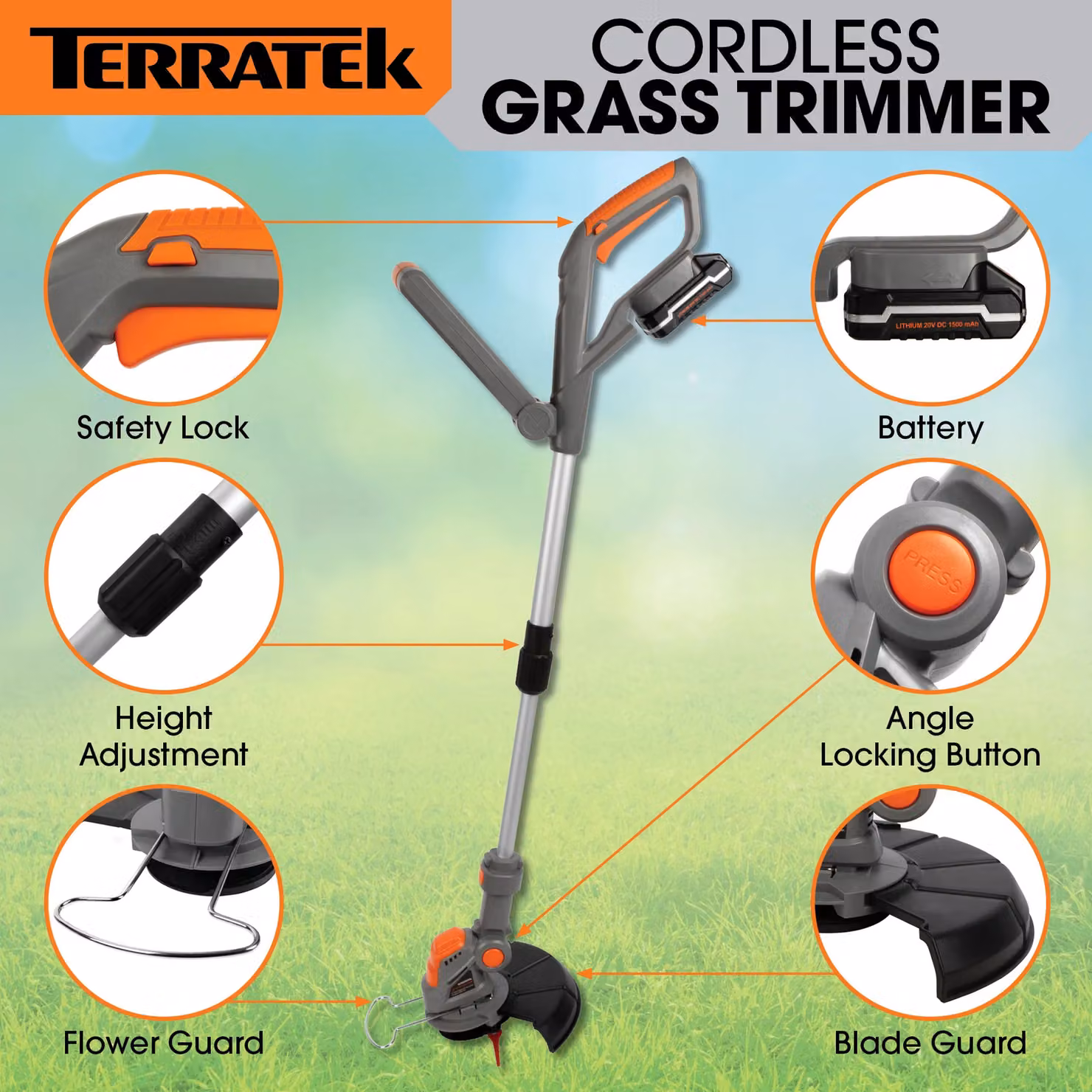 Terratek 20V 2 in 1 Electric Cordless Grass Strimmer and Garden Trimmer with Rechargeable Battery and Blades in Orange – 4