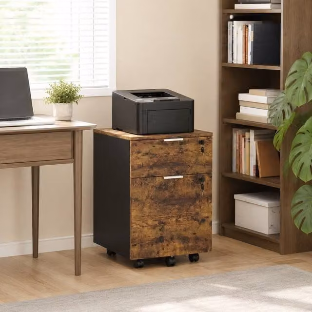 STILVORA 2 Drawer Filing Cabinet with Lock and Castors in Dark Brown
