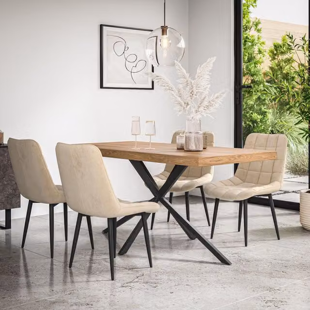 More4Homes Donni Dining Table and Set of 4 Nova Velvet Chairs in Beige with Oak Effect Top and Black Legs, W/D/H: 160 x 80 x 76 cm – 1