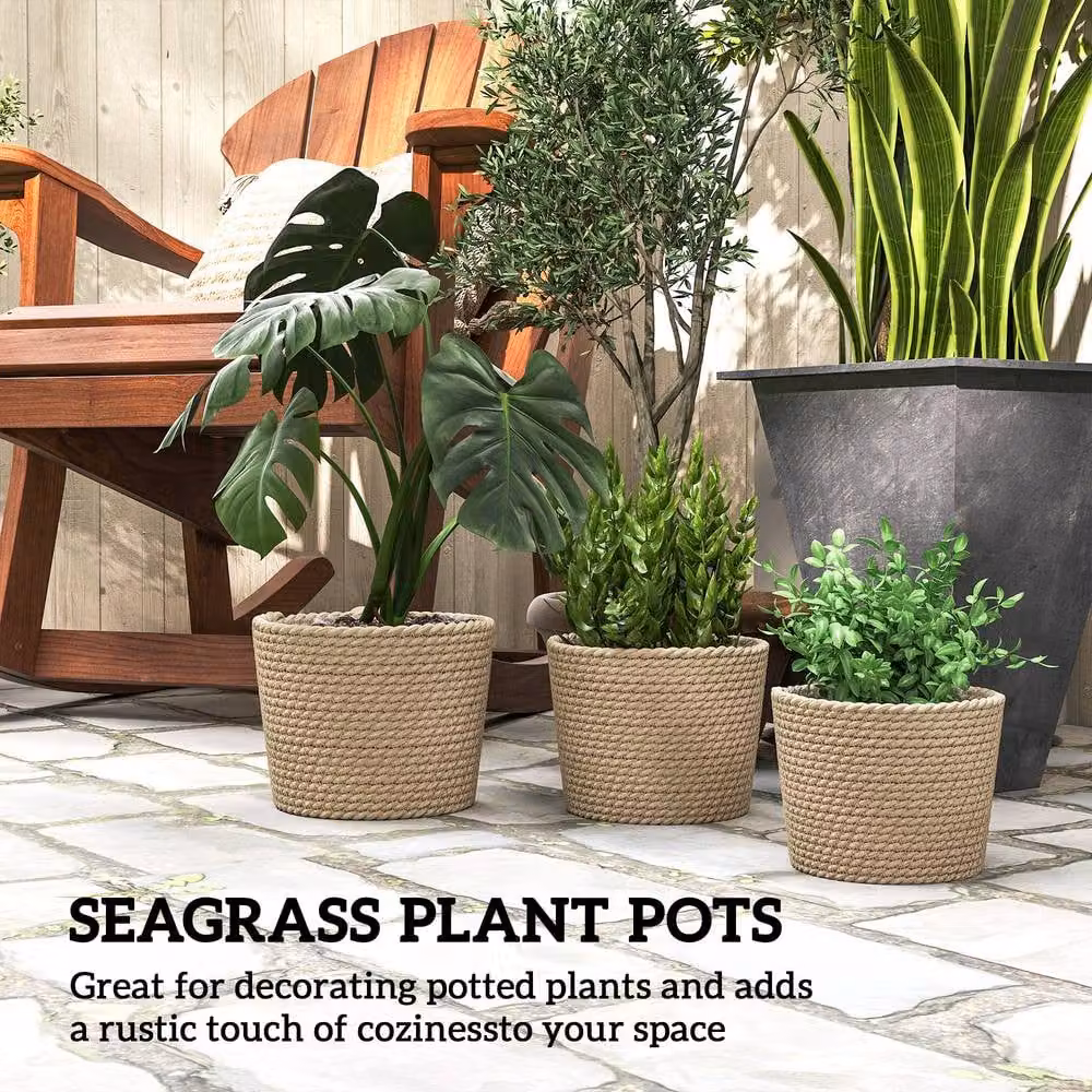 Outsunny Seagrass Plant Pots Set of 3 in Brown and Beige with Plastic Liners – 3