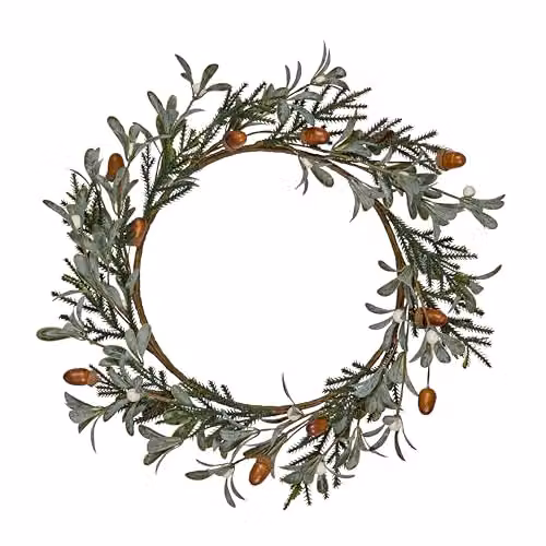 Lights4fun Classic Acorn and Winter Foliage Wreath with Eucalyptus and White Berries, Diameter: 40 cm, Green and White – 2