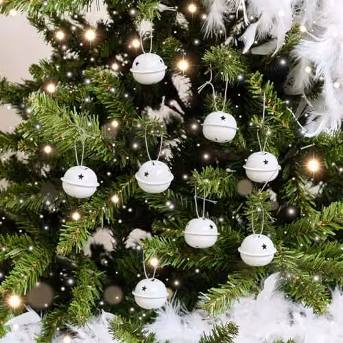 Melody Maison Set of 8 White and Silver Metal Hanging Bell Christmas Decorations, 4 cm – 1