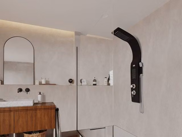 KOURBEA Hydromassage Shower Column with Overhead and Hand Shower in Matt Black, W: 20 cm, H: 132 cm – 1