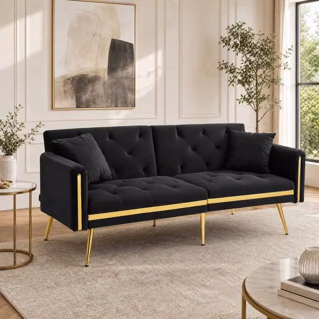 STILVORA 2-Seater Velvet Sofa Bed in Black with Adjustable Headrest and Cup Holders