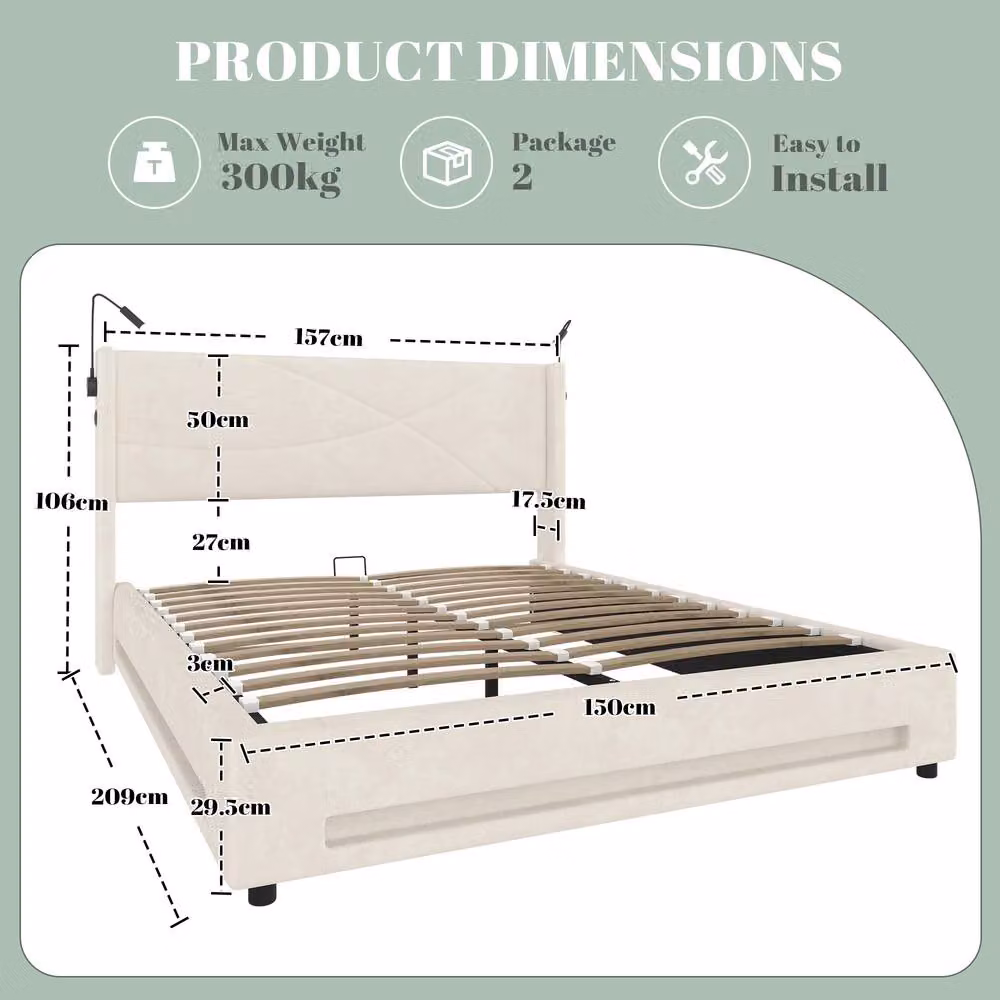 Matteo Modern Beige Velvet King Bed Frame with Lift Up Storage, USB Charging Ports, Reading Lights and Under Bed LED Lighting, W/D/H: 180 x 200 cm – 2