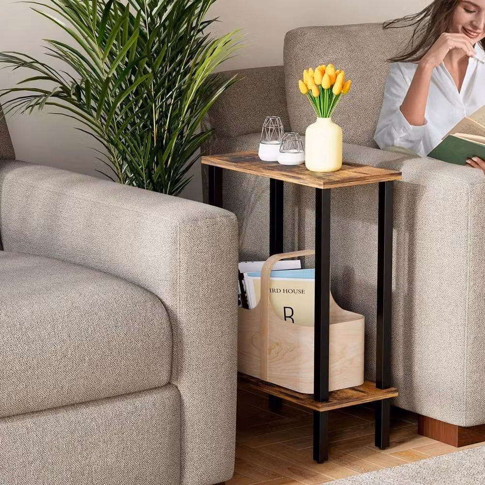 FORGEVIO Small Brown 2-Tier Industrial Side Table with Open Shelving – 3