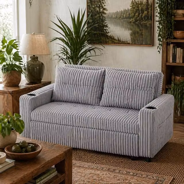Wyld Haus Lore 2 Seater Click Clack Sofa Bed in Light Grey Corduroy – 1