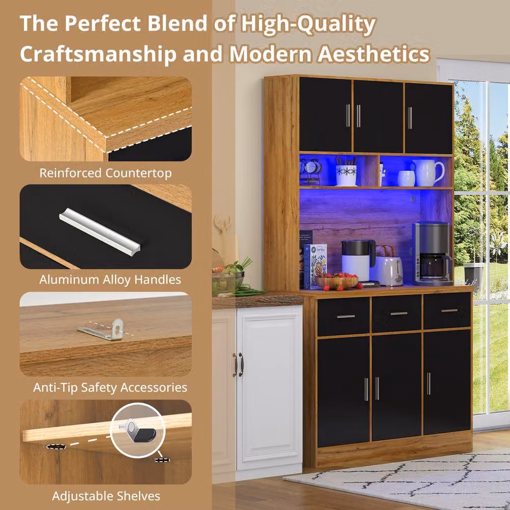 Merax Modern Kitchen Tall Pantry Cabinet in Sand with Integrated Lighting and Shelves, W/D/H: 100 x 40 x 180 cm – 3
