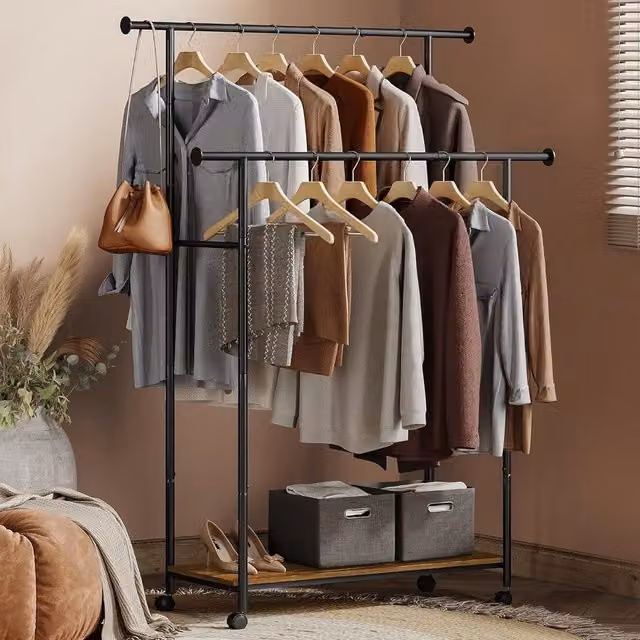 SONGMICS Double Clothes Rail with Shelf and Wheels in Matt Black