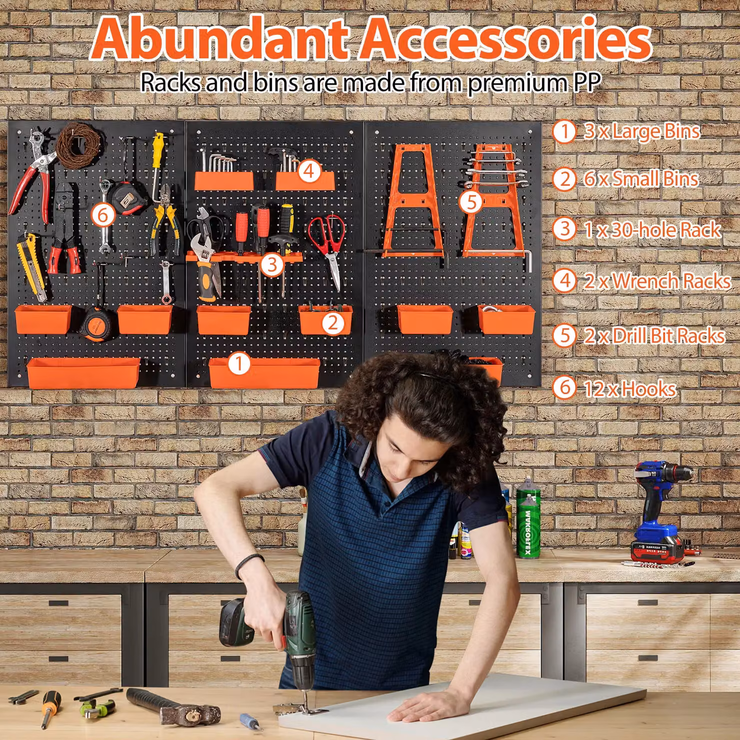 Costway Pegboard Wall Organizer with 9 Bins and Hammer Racks, Orange, W/D/H: 120 x 60 x 26 cm – 4