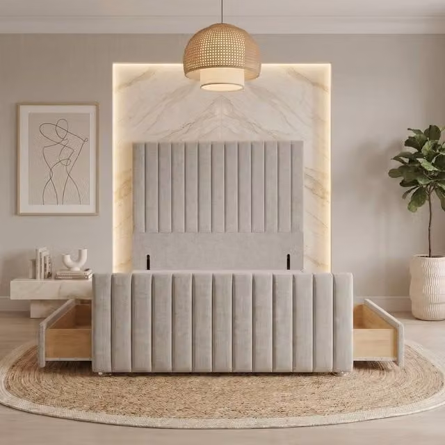 Somnior Eleanor Linen Divan Base with 4 Drawers, 54 inch Headboard and 22 inch Footboard, Light Grey, W/D/H: 140 x 200 cm