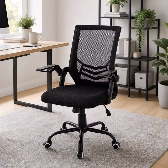 STILVORA Black Fabric Task Chair with Flip-up Armrests and 360 Degree Swivel – 1