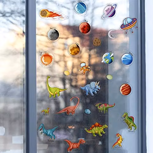 WALPLUS Dinosaurs and Solar System Window Stickers, Removable and Reusable Multicolour Double-Sided Glass Clings for Kids Rooms and Classrooms – 2