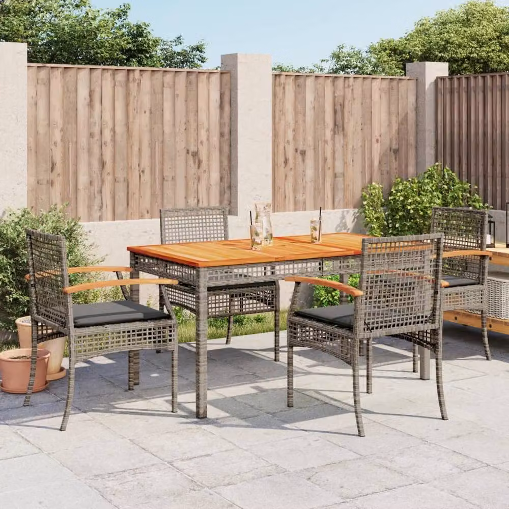 Berkfield Home 5 Piece Grey Poly Rattan Garden Dining Set with Acacia Wood and Cushions – 2