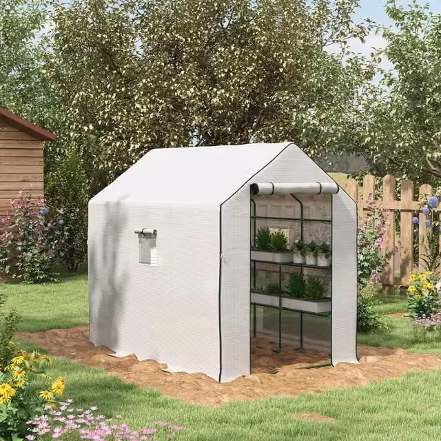 Outsunny White Walk-in Greenhouse with 3 Tier Shelves, W/D/H: 140 x 140 x 213 cm