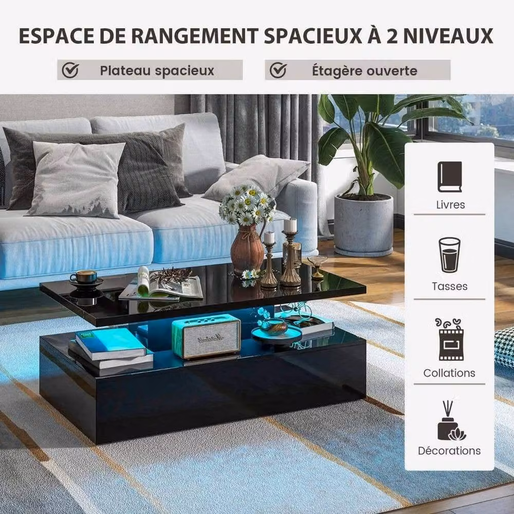 FORGEVIO 2 Tier Modern Black Coffee Table with 20 Colour LED Lights – 6