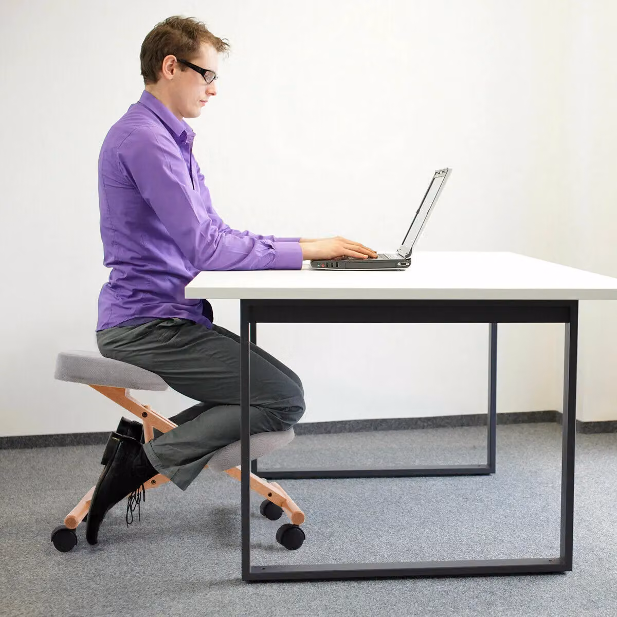 Costway Grey Wooden Ergonomic Kneeling Chair with Fabric Seat for Home Office – 2