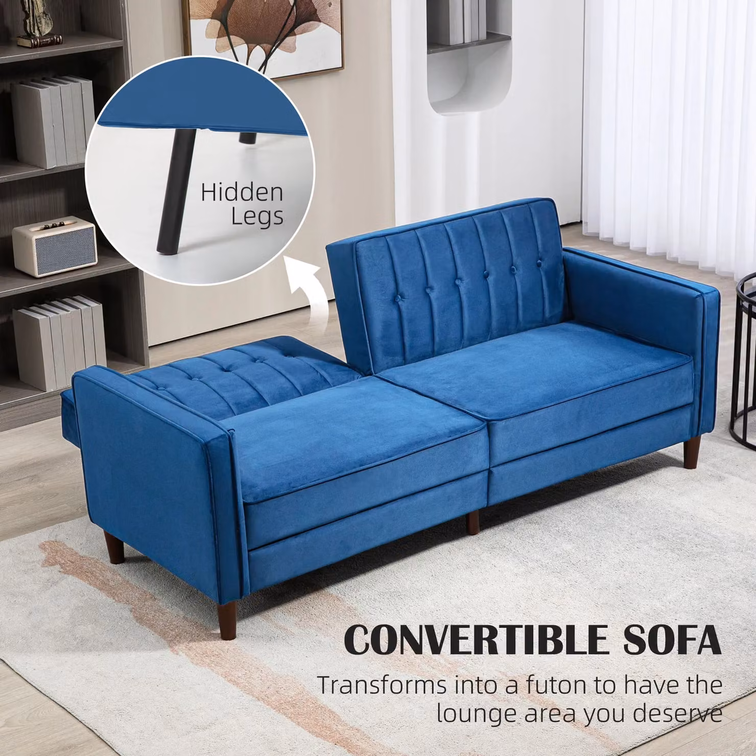 HOMCOM Blue Velvet Convertible Click-Clack Sofa Bed with Tufted Upholstery and Metal Frame – 4