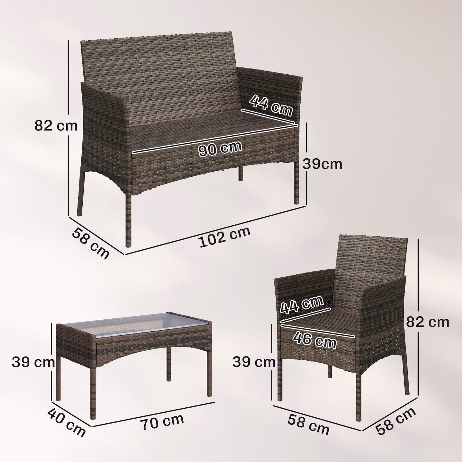 Outsunny 4 Piece Rattan Garden Furniture Set in Brown with 2 Seater Sofa, Armchairs, Glass Top Coffee Table and Upholstered Cushions – 3