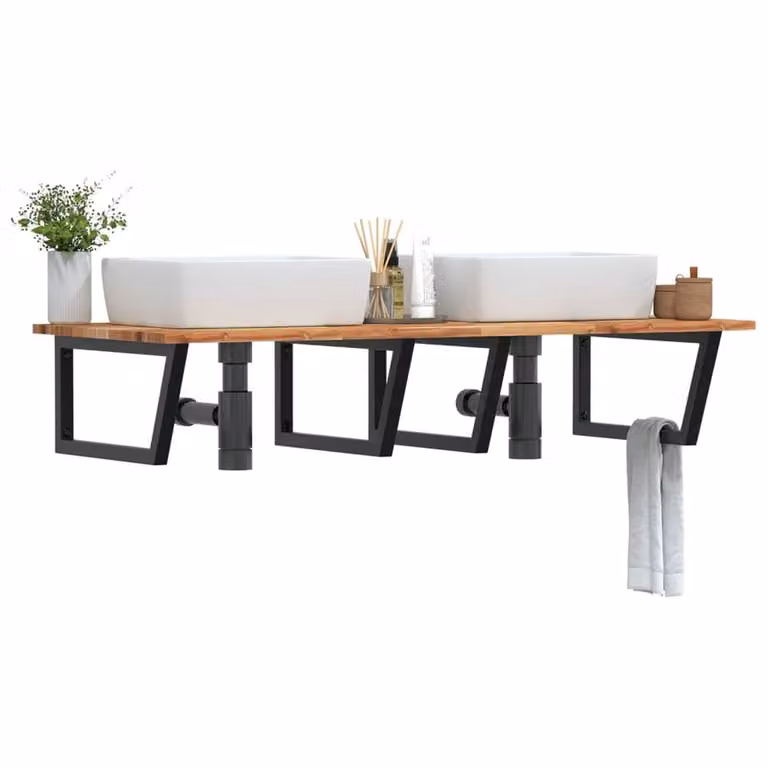Berkfield Home Elegant Wall Mounted Basin Shelf in Brown Acacia Wood and Steel