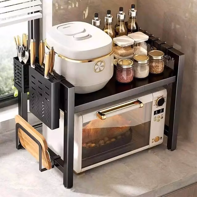 FORGEVIO 2 Tier Expandable Microwave Oven Rack Stand in Black