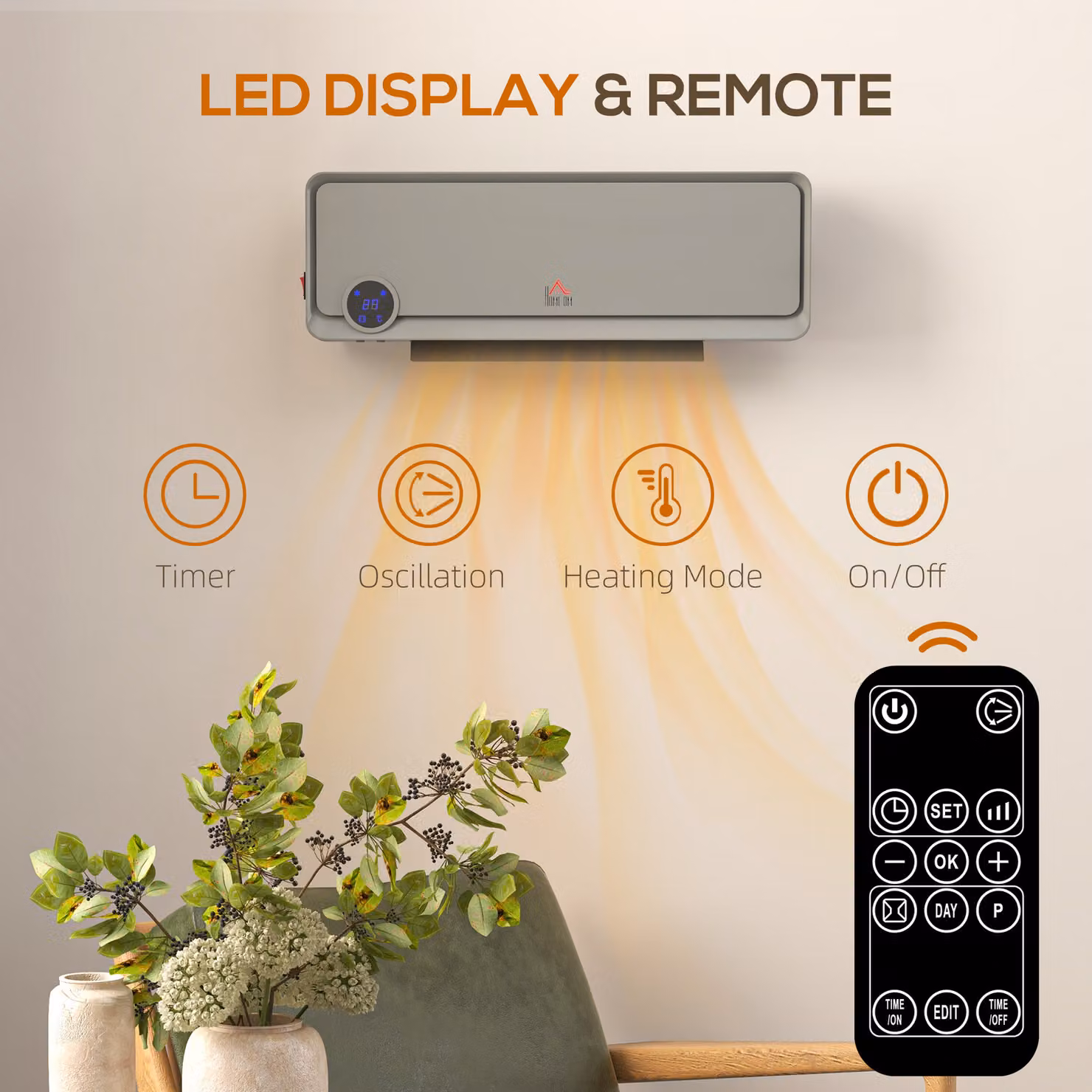 HOMCOM Wall Mounted Ceramic Fan Heater with Remote Control and Timer, 2000W, Grey – 4