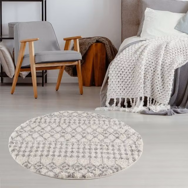 The Rugs Berber Moroccan Design Round Shaggy Rug in White, Grey and Silver, Diameter: 120 cm