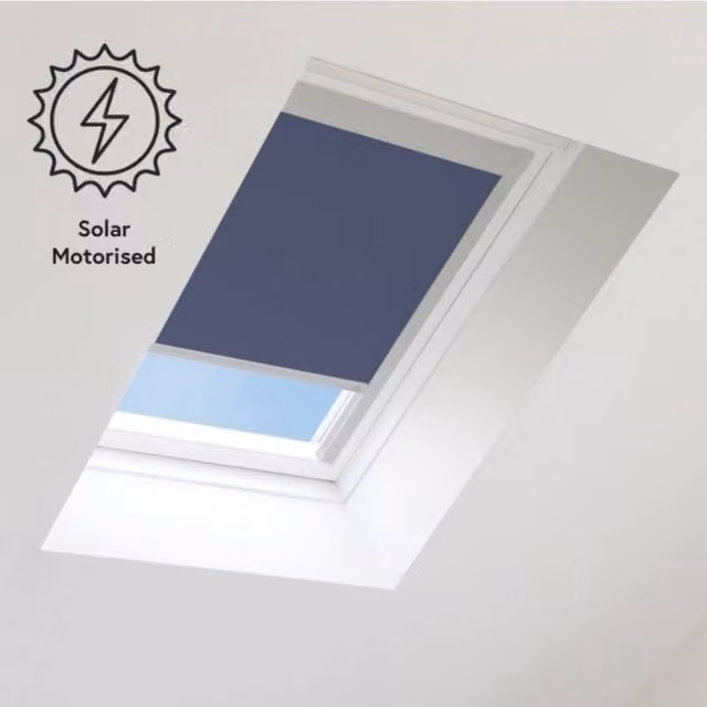 Bloc Blinds Solar Powered Blackout Blind for Velux Roof Windows, Navy in Silver, Size S08