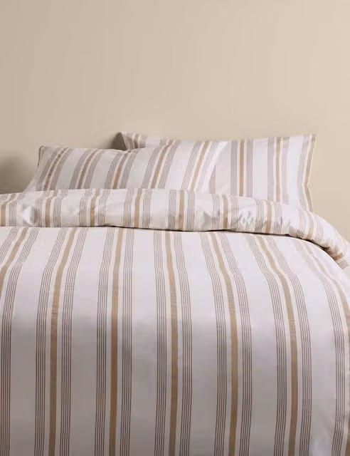 M&S Classic Striped Pure Cotton Bedding Set, Beige, W: 200 cm, H: 200 cm, W: 180 cm