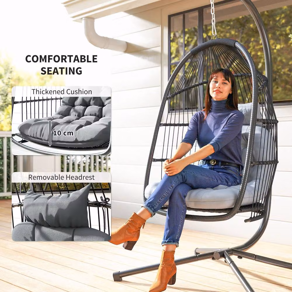 OUTSUNNY Rattan Hanging Egg Chair with Stand and Cushion in Dark Grey – 3