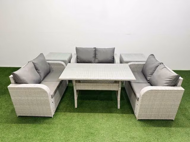 Fimous 6 Seater PE Wicker Rattan Garden Furniture Set in Light Grey with Rectangular Dining Table, 2 Seater Love Sofa and 2 Side Tables