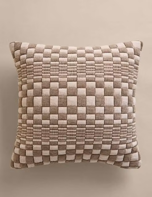M&S Chenille Checked Quilted Square Cushion in Beige and Multicolour