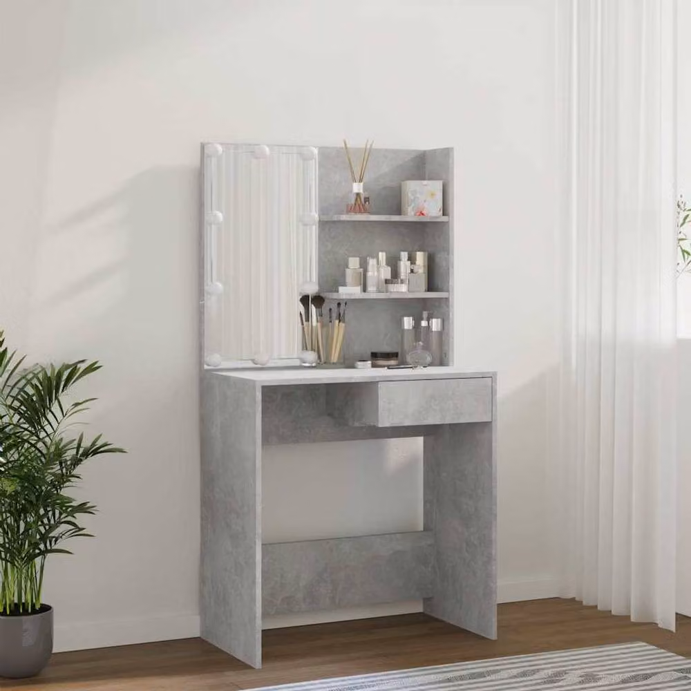 Berkfield Home White and Concrete Grey Dressing Table with Hollywood LED Mirror, W: 74.5 cm, D: 40 cm, H: 141 cm – 2