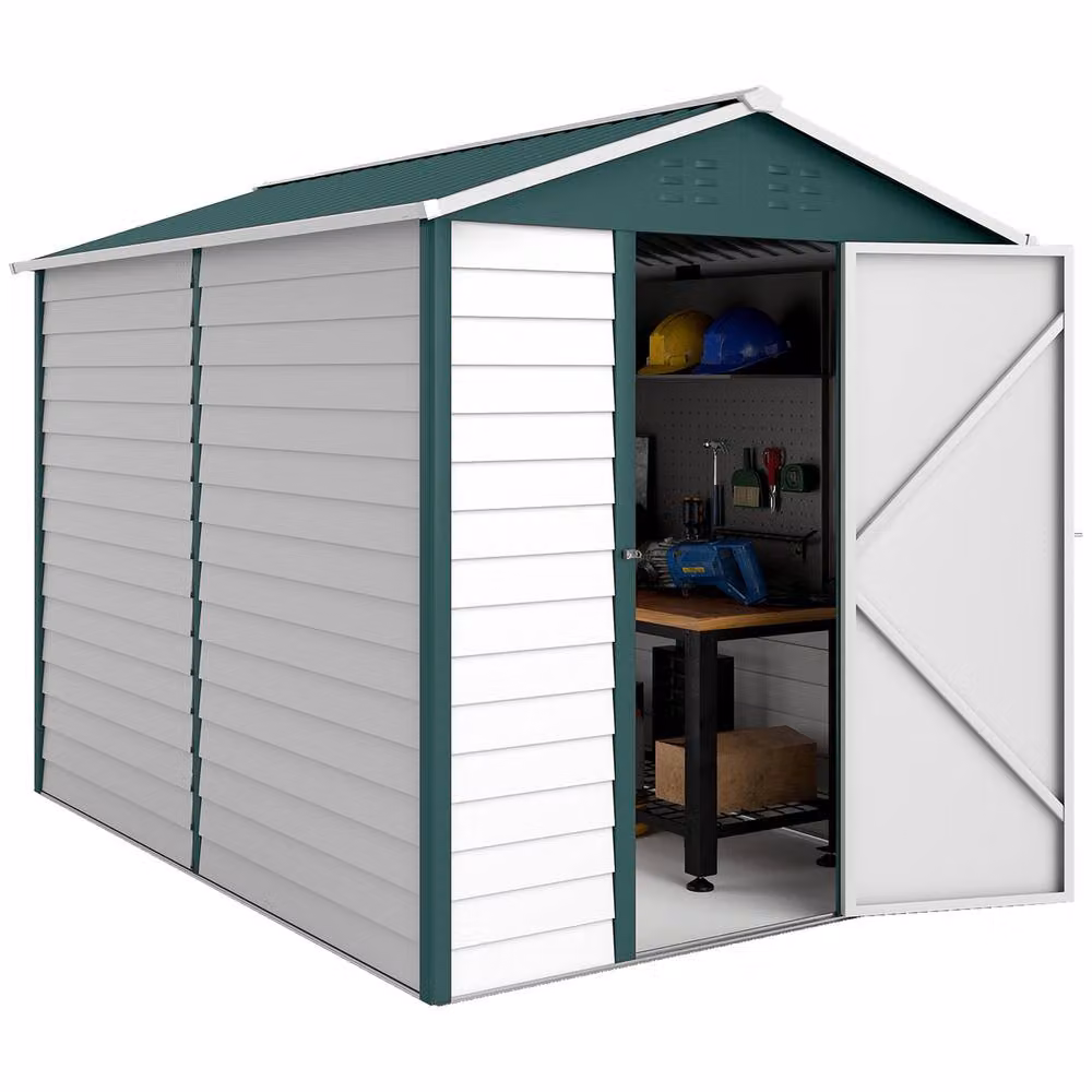 Rolipo Green Metal Garden Shed with Sloped Roof, Window and Lockable Door, W: 274.32 cm, D: 182.88 cm, H: 208.0 cm – 2