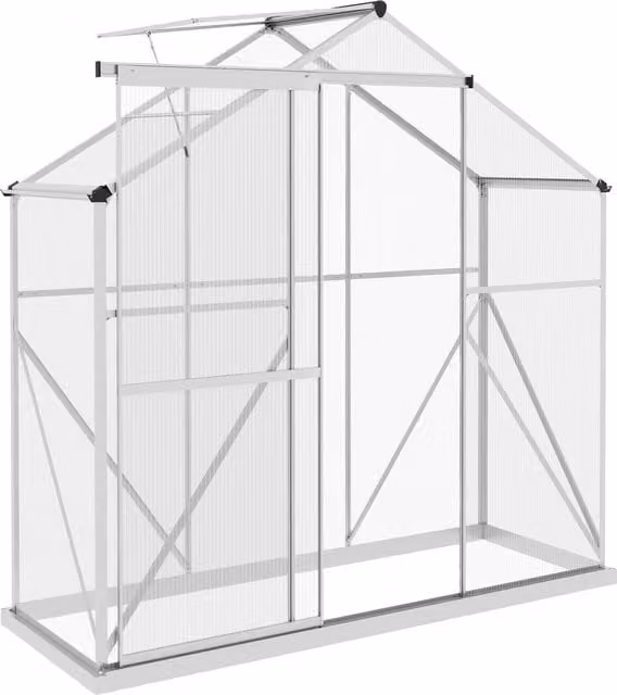 Outsunny Silver Polycarbonate Walk-In Greenhouse with Sliding Door, Window, Rain Gutter and Foundation, W/D/H: 182.88 x 76.2 x 200 cm – 1