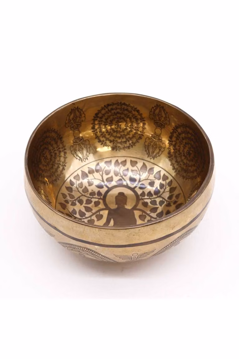 KDMD Tibetan Healing Engraved Bronze Bowl with Bodhi Tree Buddha Design, Diameter: 16 cm