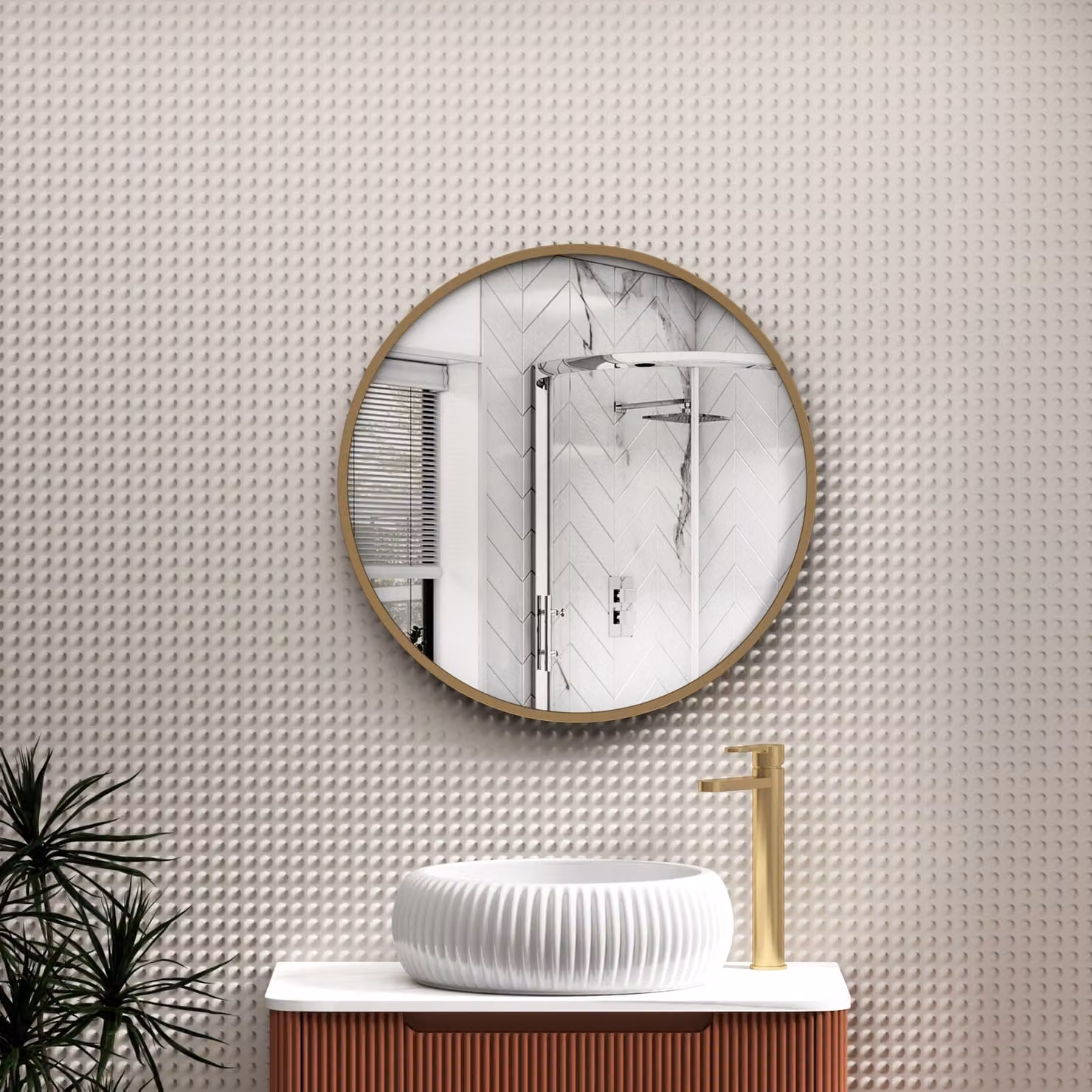 Royal Bathrooms Elmore Round Minimalist Bathroom Mirror with Brushed Brass Aluminum Frame, Diameter: 60 cm