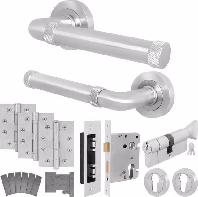 AFIT Satin Silver Fire Door Handle, Euro Lock Thumbturn Cylinder Set, Locks and Hinges, W/D/H: 150 x 150 mm – 1