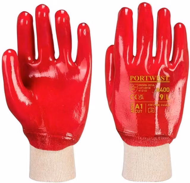 Portwest A400 Red PVC Safety Gloves with Knitted Cotton Cuff, Size: Medium – 1