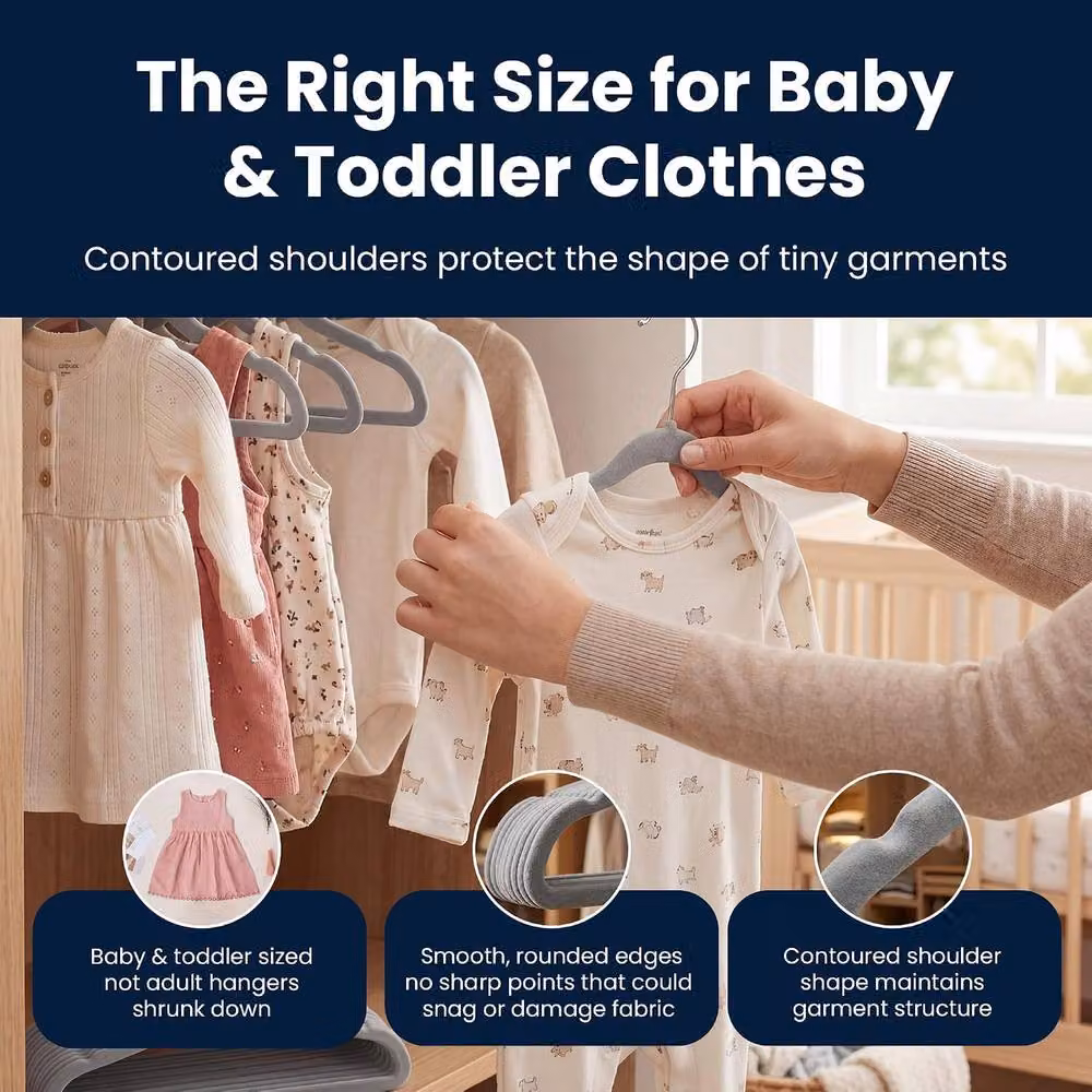 Sasha Morel Grey Velvet Baby Clothes Hangers with Swivel Hooks, 30 Pack – 5