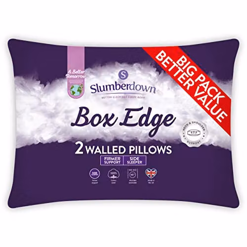 Slumberdown Luxury Box Edge Pillows 2 Pack, Firm Support for Back and Side Sleepers, White, W/H: 64 x 38 cm