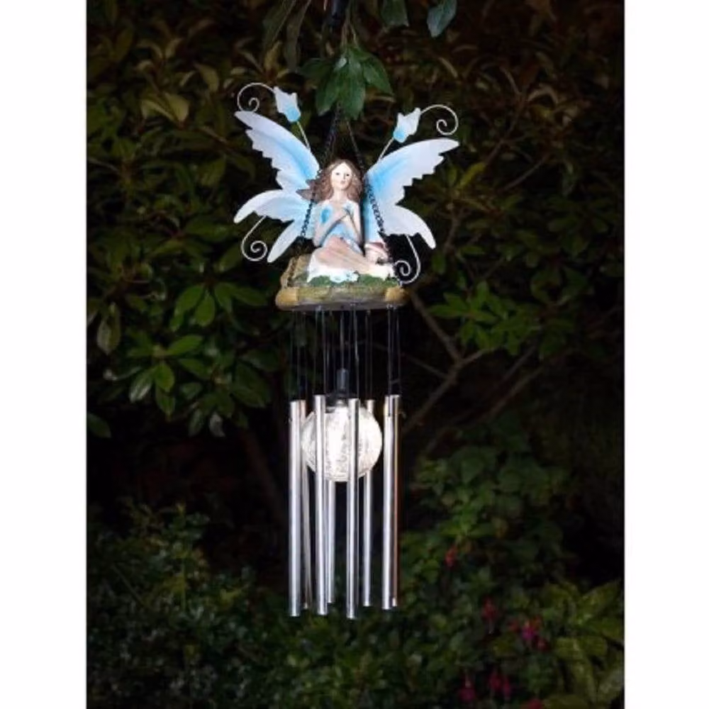 NESTLUNE Blue and Silver Solar Powered LED Fairy Wind Chime with Dusk Sensor – 3