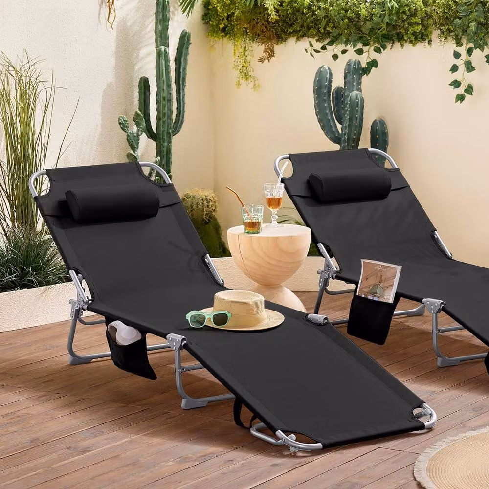 SoBuy Set of 2 Black Foldable Sun Loungers with Adjustable Headrests and Powder Coated Steel Frame – 2