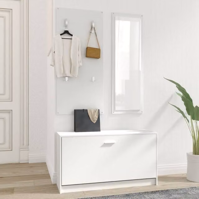 Berkfield Home 3-in-1 Modern White Shoe Cabinet, Wall Rack and Mirror Set in MDF and Glass
