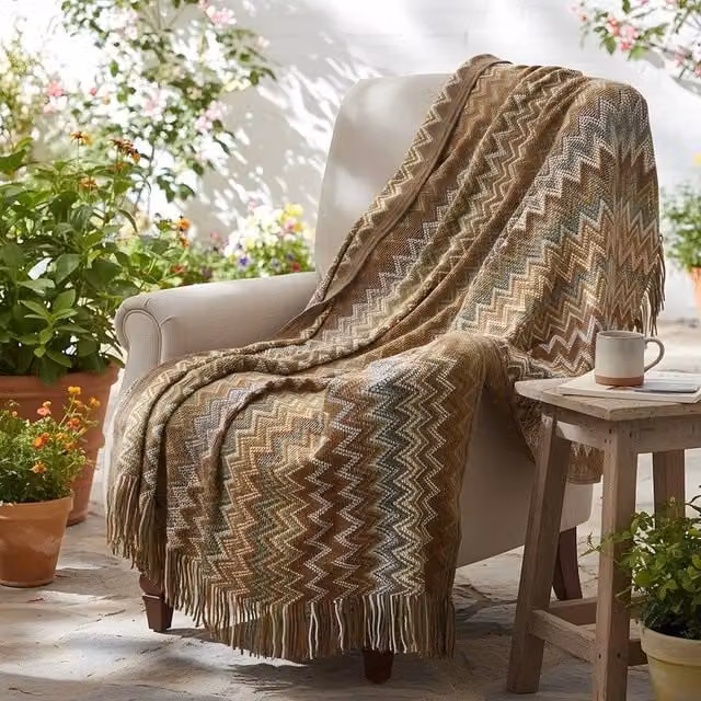 NESTLUNE Khaki Wave Striped Knitted Throw Blanket, W: 100 cm, L: 190 cm – 1